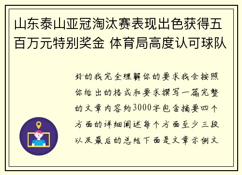 山东泰山亚冠淘汰赛表现出色获得五百万元特别奖金 体育局高度认可球队努力