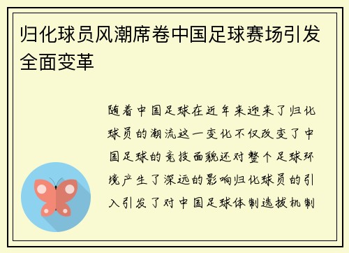 归化球员风潮席卷中国足球赛场引发全面变革